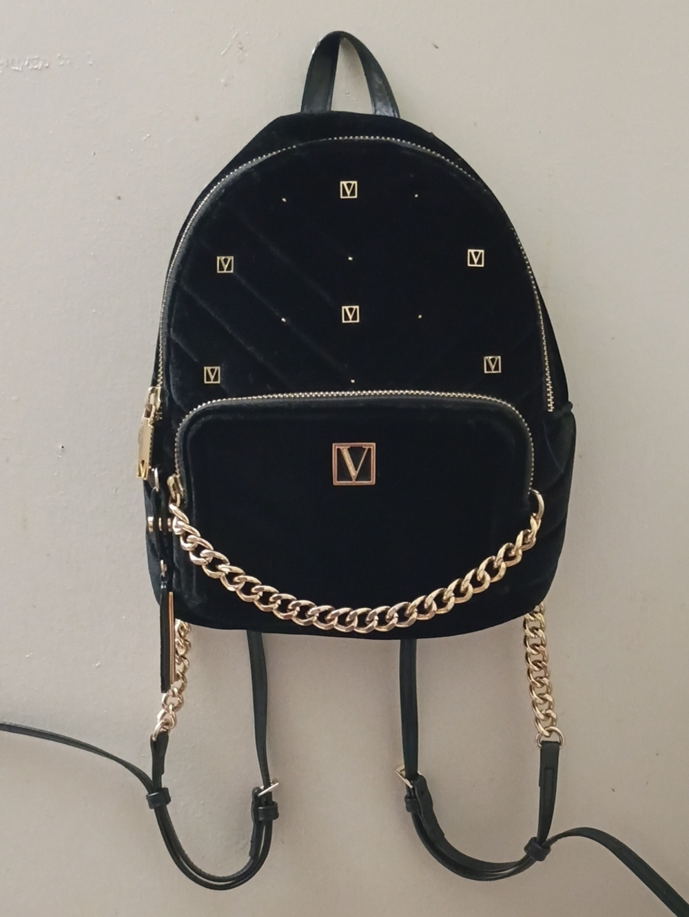 Victoria's Secreta Black Velvet Women’s Backpack with Gold Chain Accent
